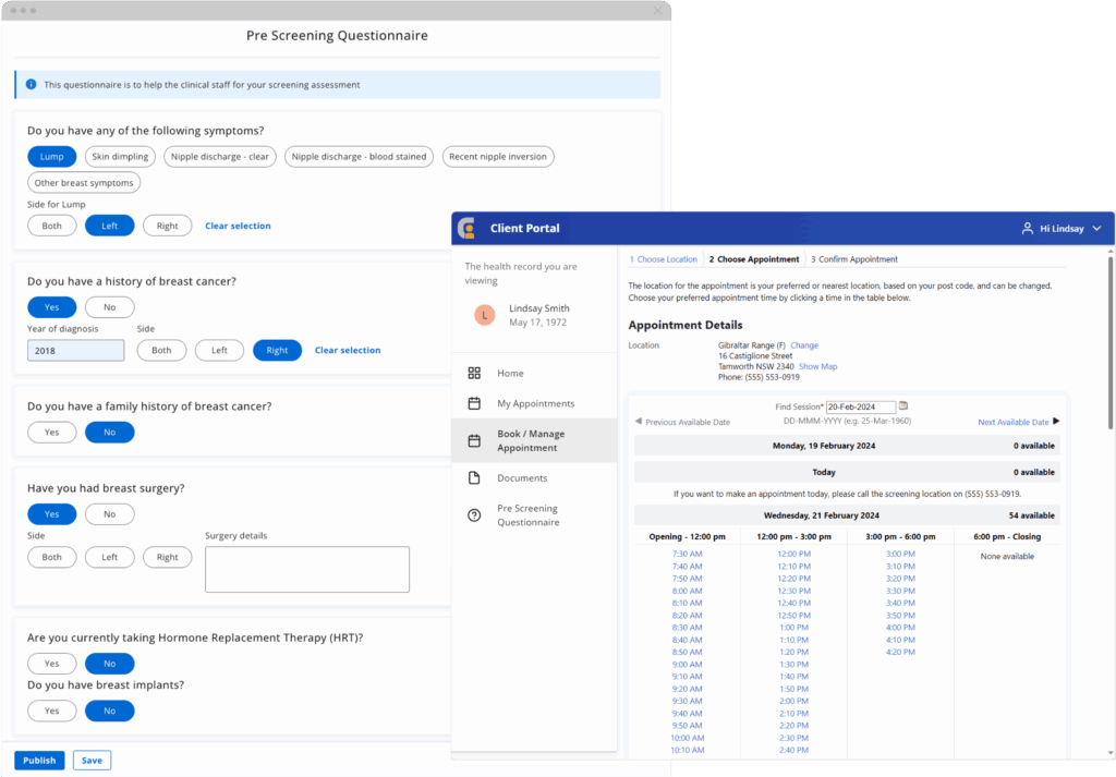 Screenshots of Orion Health Breastscreening solution showing Pre screening questionnaire and client appointment booking interface.