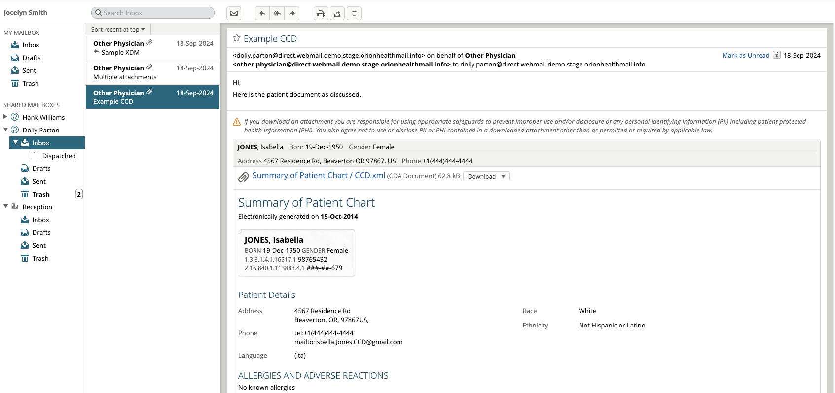 Screenshot of Orion Health's Communicate Direct Secure Messaging solution
