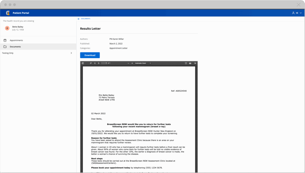 Screenshot showing Orion Health Breast Screening Results letter viewer