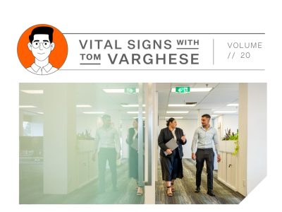 Vital Signs with Tom Varghese volume 20, Workplace wellbeing image of colleagues working through office